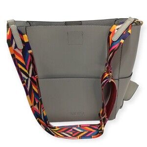 MERSI Vegan Demi Bucket Purse Colorful Strap Boho Crossbody Taupe Gray